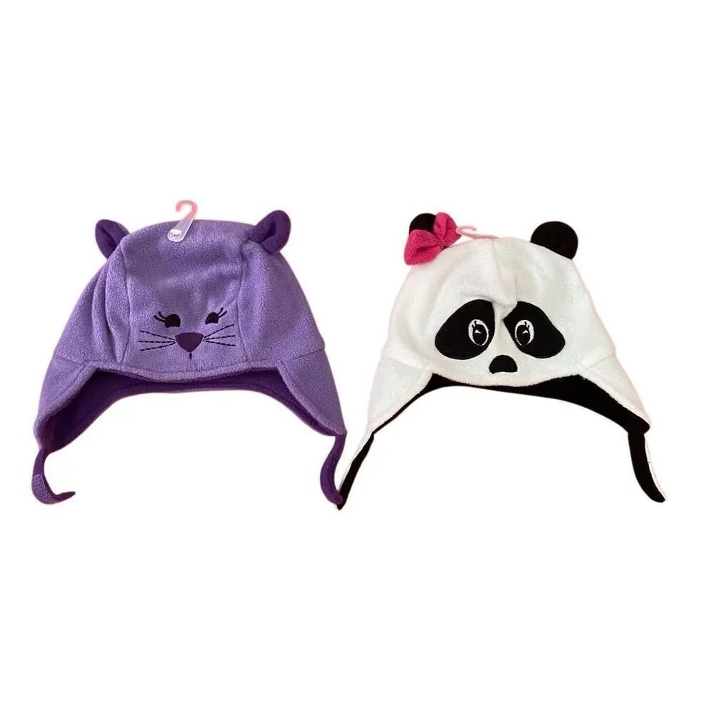 Lot of 2 Nwt Baby Cat Panda Winter Hats 0 to 12 Months Ear Flaps Infant Fleece C